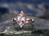 1.3ct Oval Cut Morganite Engagement Ring Halo Unique Art Deco 14k Rose Gold Over