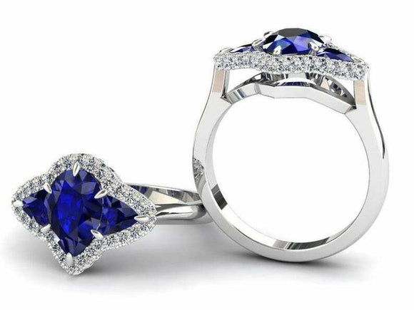 2ct Pear Blue Sapphire Engagement Ring Halo Trilogy Solitaire 14k WhiteGold Over