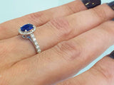 2ct Oval Cut Blue Sapphire Round Accent Diamond Halo Ring 14k White Gold Finish