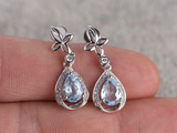 2.3ct Drop Earrings Pear Cut Aquamarine Halo Floral Dangle 14k White Gold Finish