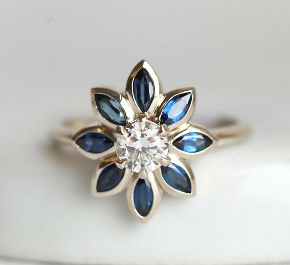 4ct Round Cut Diamond Blue Sapphire Flower Engagement Ring 14k White Gold Finish