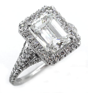 4Ct Emerald Cut Diamond Halo Solitaire Engagement Ring 18K White Gold Finish