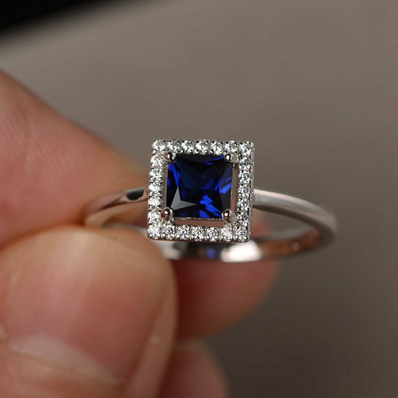 1.3ct Princess Blue Sapphire Halo Solitaire Engagement Ring 14k White Gold Over