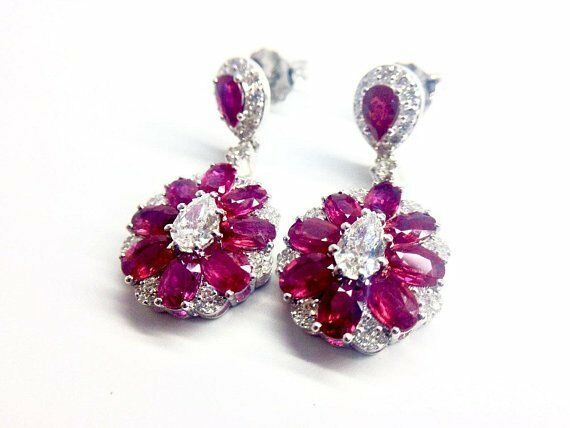 6ct Pear Cut Diamond Oval Ruby Floral Cocktail Drop Earring 14k White Gold Over