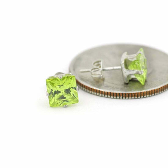 0.6ct Princess Cut Green Peridot Solitaire Stud Earrings 14k White Gold Finish