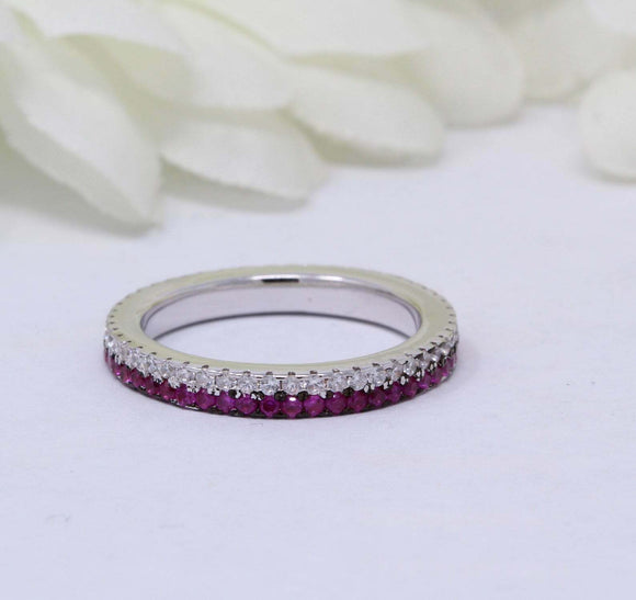 1ct Round Cut Pink Ruby Wedding Band Dual Row Full Eternity 14k WhiteGold Finish