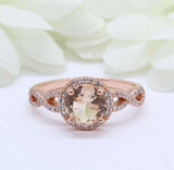 2ct Round Cut Peach Morganite Engagement Ring Twist Shank Halo 14k RoseGold Over