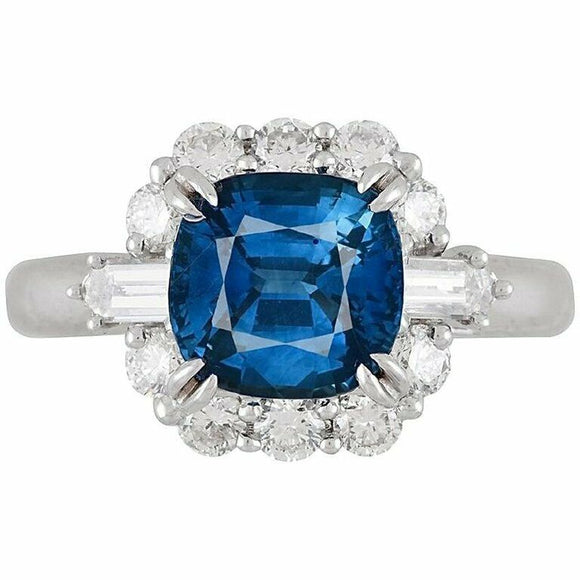 2ct Cushion Cut Blue Sapphire Diamond Halo Solitaire Ring 14k White Gold Finish