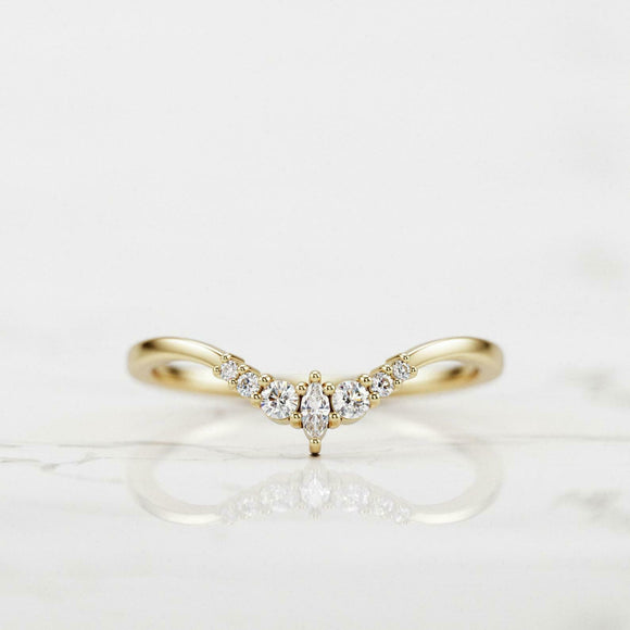 Curved Minimalist Wedding Band 0.3ct Marquise Cut Diamond 14k Yellow Gold Finish