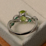 2ct Oval Green Peridot Diamond Leaf Accents Engagement Ring 14k WhiteGold Finish