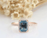 2ct Emerald Cut London Blue Topaz Engagement Ring Diamond Halo 14k RoseGold Over