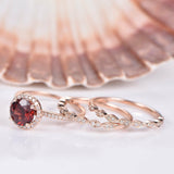 1.9ct Round Cut Red Garnet Halo Trio Set Engagement Ring 14k Rose Gold Finish