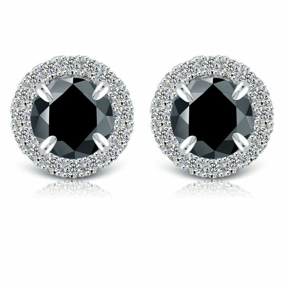 2.5Ct Round Cut Black Diamond Halo Stud Earrings for Women 18K White Gold Finish