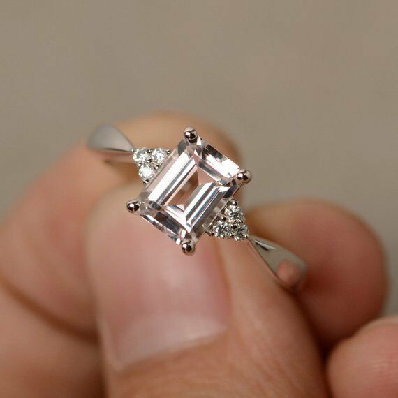 0.9ct Emerald Cut Peach Morganite Engagement Ring 14k WhiteGold Finish Solitaire