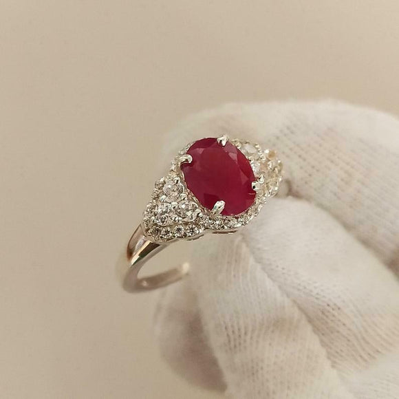 2ct Engagement Ring Oval Cut Pink Ruby Cluster Halo 14k White Gold Finish