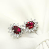 2.3ct Oval Cut Pink Ruby Diamond Floral Halo Stud Earrings 14k White Gold Finish