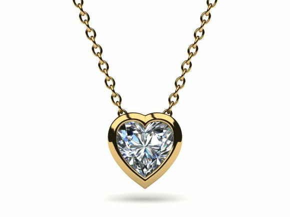 1ct Diamond Pendant with Chain Heart Cut Bezel Set Solitaire 14k YellowGold Over