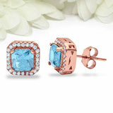 1ct Princess Cut Blue Aquamarine Halo Diamond Stud Earrings 14k Rose Gold Finish