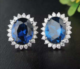 4ct Stud Earrings Oval Cut Blue Sapphire Diamond Halo Floral 14k White Gold Over