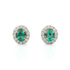 1.45ct Stud Earrings Oval Cut Green Emerald Halo Design 14k White Gold Finish