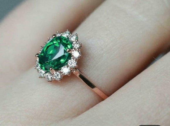 2ct Engagement Ring Oval Cut Green Emerald Floral Halo 14k Yellow Gold Finish