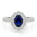 3ct Oval Cut Blue Sapphire Engagement Ring Floral Cluster 14k White Gold Finish