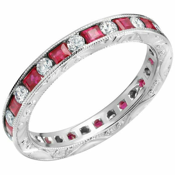 2ct Princess Pink Ruby Wedding Band Round Diamond Eternity 14k White Gold Finish