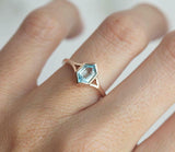 1.4ct Hexagon Cut Blue Aquamarine Engagement Ring Solitaire 14k Rose Gold Finish