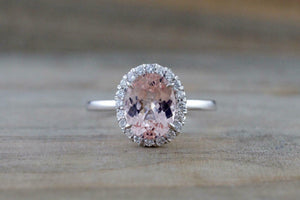 2ct Oval Cut Peach Morganite Engagement Ring Diamond Halo 18k White Gold Finish