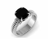 Solitaire Rope Shank Ring 1.2ct Cushion Cut Black Diamond 14k White Gold Finish