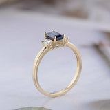 1.5ct Emerald Cut Blue Sapphire Engagement Ring Trilogy 14k Yellow Gold Finish