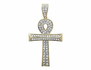 1.12ct Round Cut VVS1D Diamond Pendant Wood Log Ankh Cross 14k YellowGold Finish