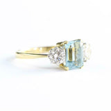 0.88ct Emerald Cut Blue Aquamarine Trilogy Engagement Ring 14k YellowGold Finish