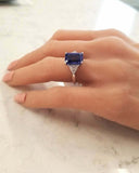 4.2ct Emerald Cut Blue Sapphire Engagement Ring Trilogy 14k White Gold Finish