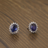 2ct Oval Cut Blue Sapphire Flower Solitaire Stud Earrings 14k White Gold Finish