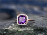 1.5ct Cushion Cut Purple Amethyst Diamond Halo Solitaire Ring 14k Rose Gold Over