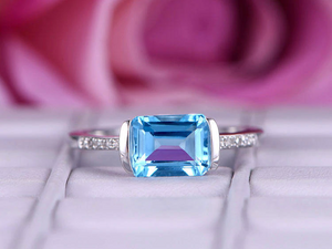 1.7ct Emerald Cut Blue Topaz Engagement Ring Diamond Accent 14k WhiteGold Finish