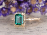 2ct Green Emerald Cut Halo Solitaire with Accents Ring 14k Yellow Gold Finish