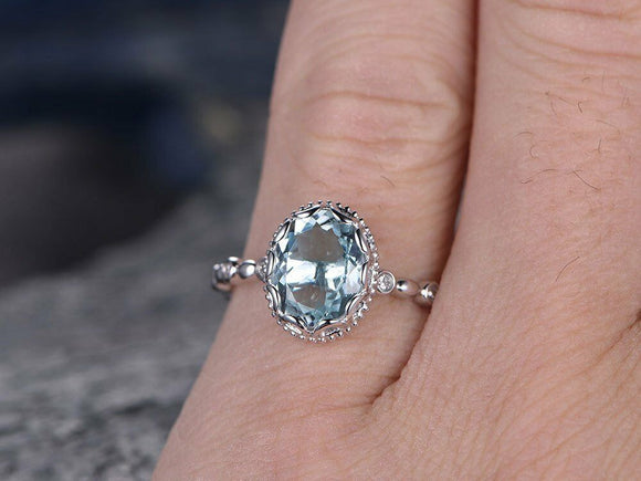 1Ct Oval Cut Blue Aquamarine Milgrain Vintage Solitaire Ring 14K White Gold Over