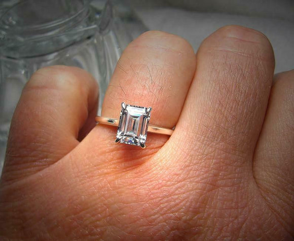 Solitaire Women Engagement Ring 2ct Emerald Cut Diamond 14k White Gold Finish