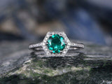 2Ct Round Cut Green Emerald Hexagon Shape Engagement Ring 14K White Gold Finish