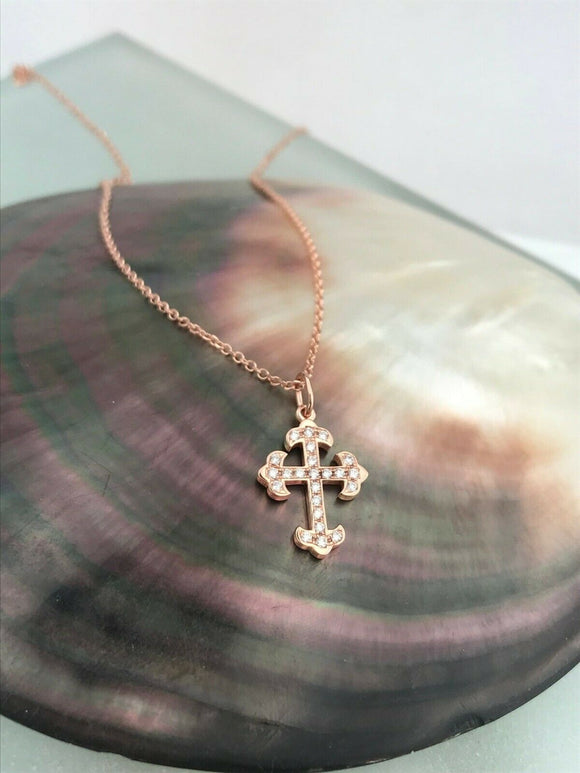 1ct Round Cut Diamond Pendant with Chain Mini Cross Design 14k Rose Gold Finish