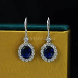 2ct Oval Simulated Sapphire Halo Fish Hook Drop Earrings 14k White Gold Plated