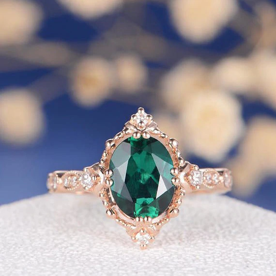 1.8ct Oval Cut Green Emerald Engagement Ring Unique Art Deco 14k RoseGold Finish