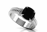 Solitaire Rope Shank Ring 1.2ct Cushion Cut Black Diamond 14k White Gold Finish