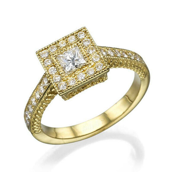 2ct Princess Diamond Engagement Ring Antique Inspired Halo 14k Yellow Gold Over