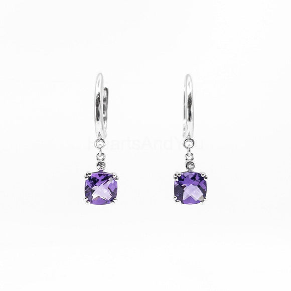 2ct Cushion Simulated Amethyst Solitaire Drop Earrings 14k White Gold Plated