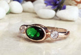 1.3ct Oval Cut Green Emerald Diamond Accent Trilogy Ring 14k Rose Gold Finish