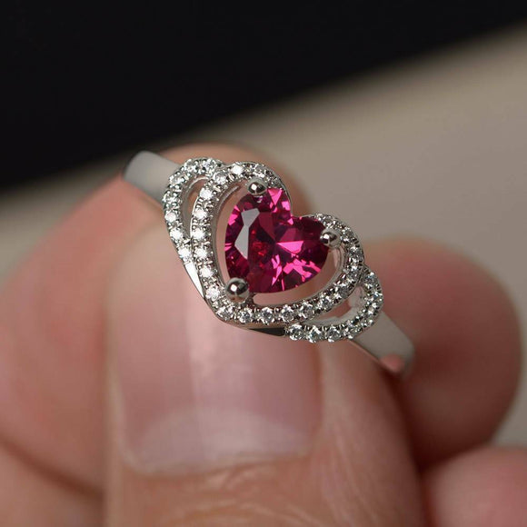 2.5ct Heart Cut Pink Ruby Double Heart Shape Engagement Ring 14k White Gold Over