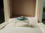 5Ct Round Cut Diamond Emerald Halo Art Deco Engagement Ring 14K White Gold Over